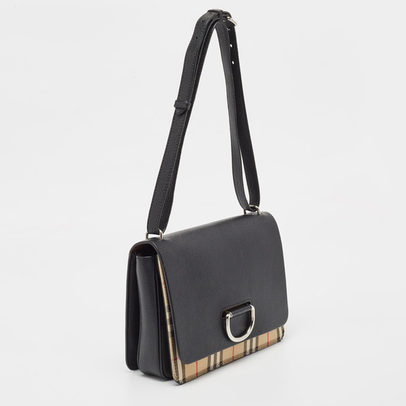 BURBERRY Black/Beige House Check Fabric and Leather D Ring Shoulder Bag - Picture 3 of 8
